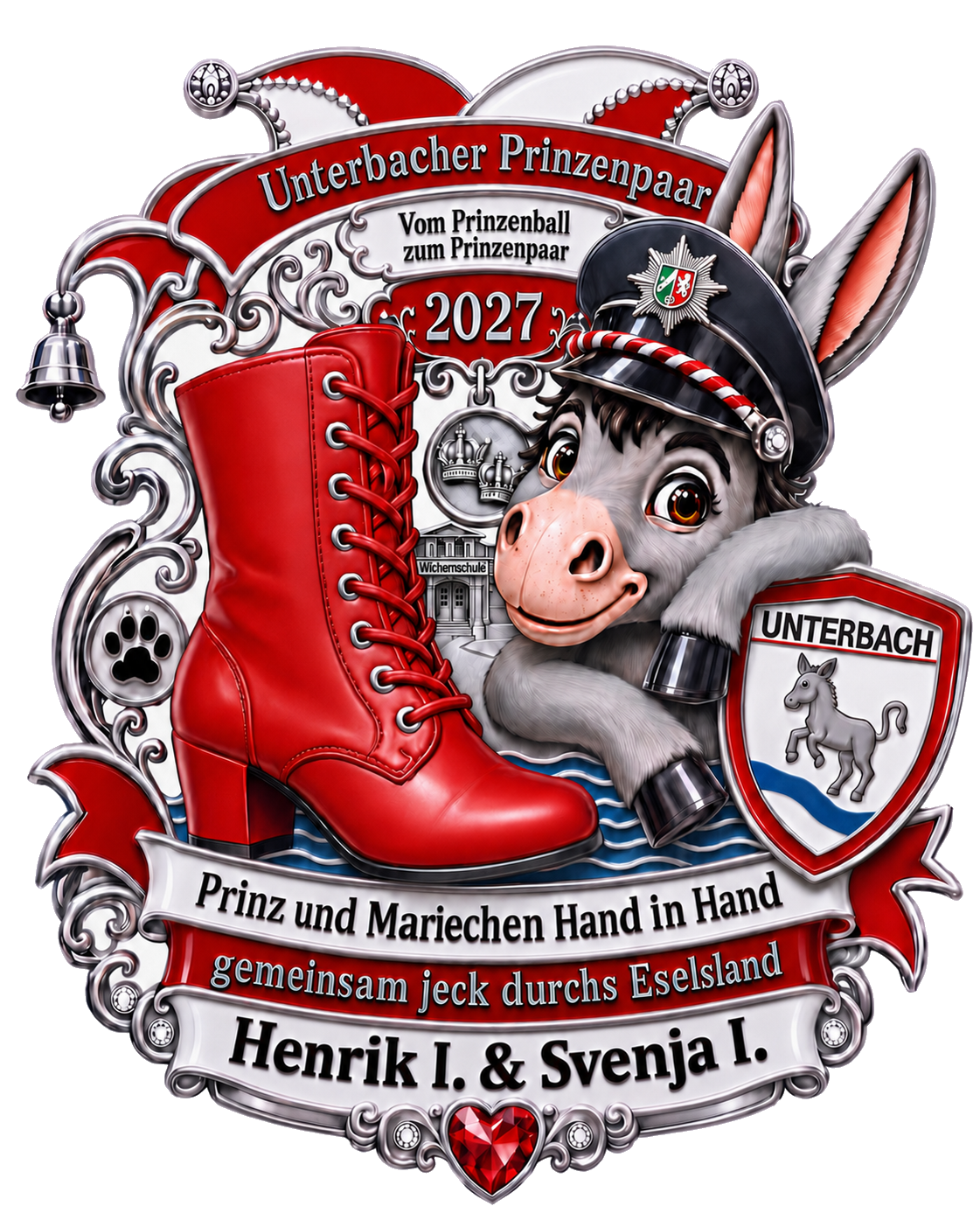 Freigegebener Sessionsorden mit rotem Tanzstiefel, Unterbacher Esel, Polizeimütze und Unterbacher Wappen.