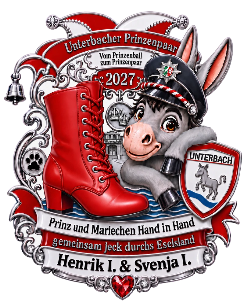 Sessionsorden 2026/2027 mit rotem Tanzstiefel, Unterbacher Esel, Polizeimütze, Wichernschule und Unterbacher Wappen.
