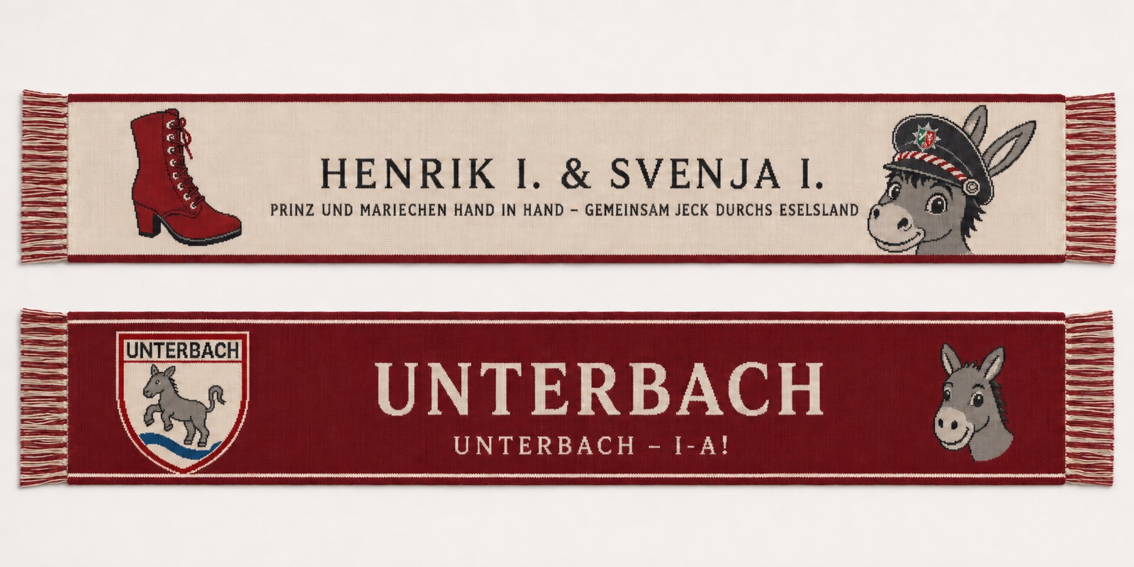 Designvisualisierung des beidseitigen rot-weißen Sessionsschals mit Unterbacher Wappen, Esel und Sessionsmotto.