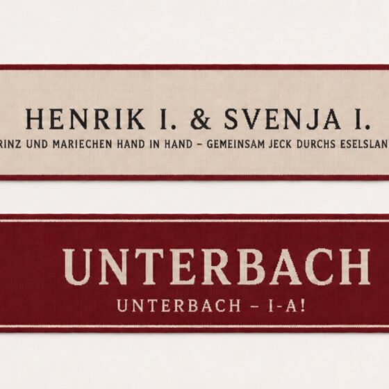Designvisualisierung des beidseitigen rot-weißen Sessionsschals mit Unterbacher Wappen, Esel und Sessionsmotto.