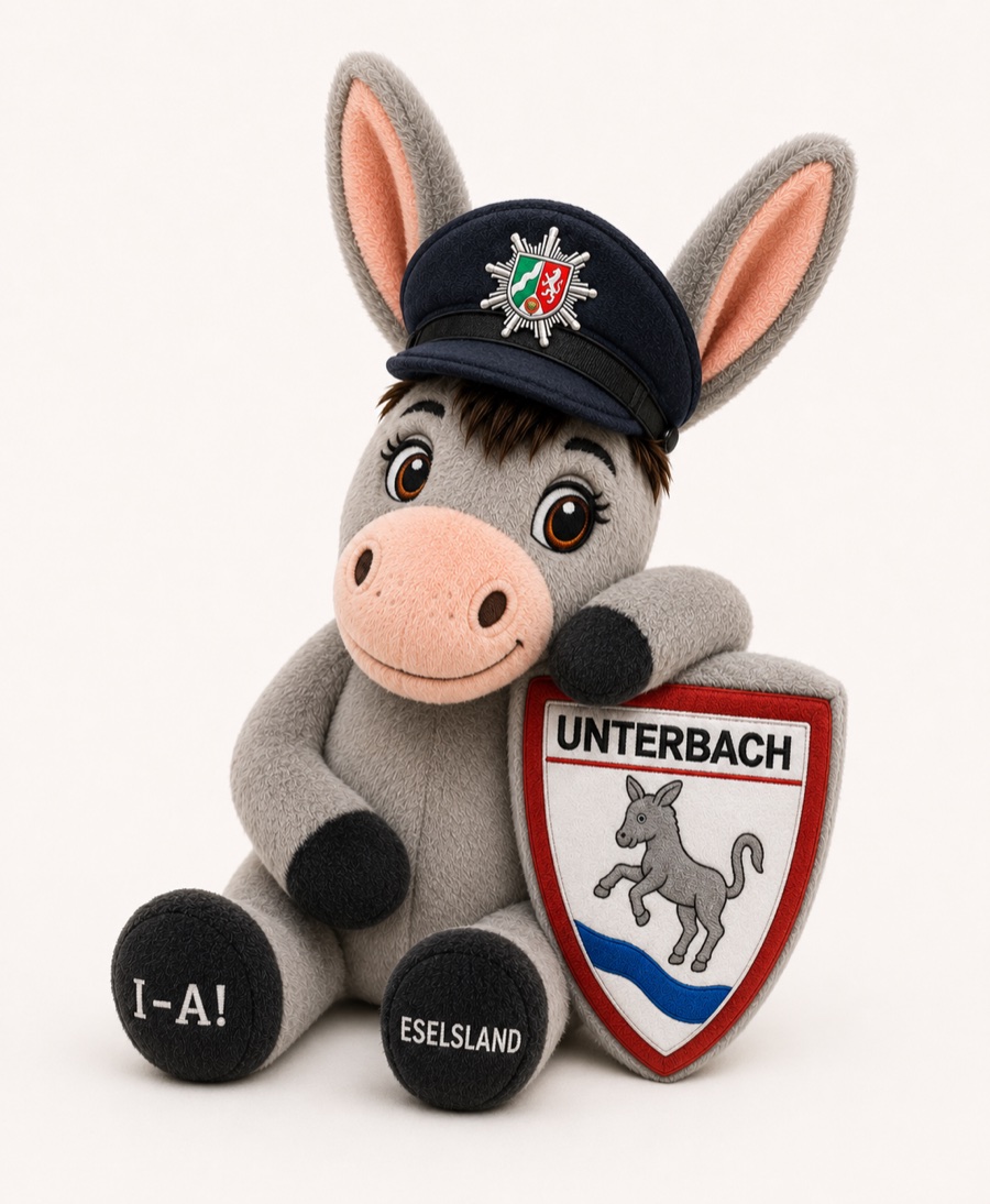 Designvisualisierung eines grauen Unterbacher Kuschelesels mit Mütze und Wappenschild.
